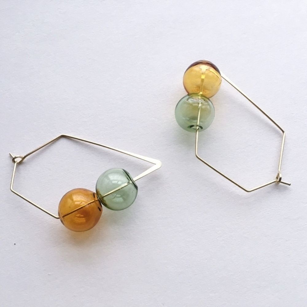 Double Glass Balls Square Hoop Earrings - Picture 2 of 7